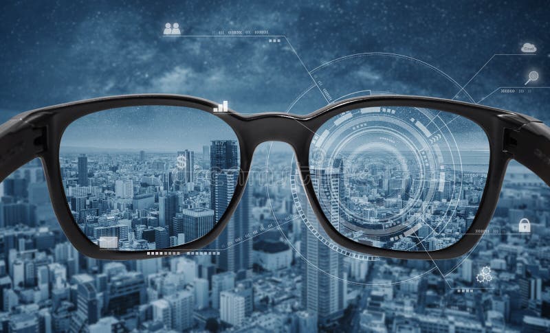 Smart Glasses, VR Virtual Reality, and AR Augmented Reality Technology.  Smart Glasses with Futuristic Technology Graphics Zdjęcie Stock - Obraz  złożonej z internety, programy: 146185004