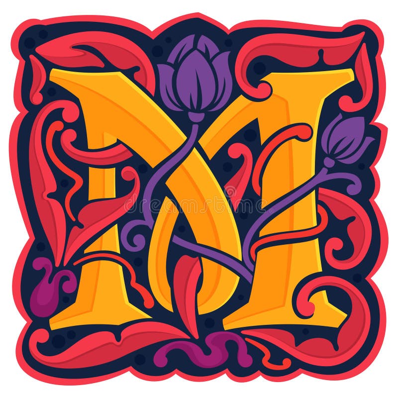 Kleurrijk, antiek, gotisch initial logo met de letter M royalty-vrije illustratie