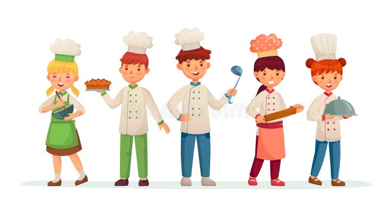 M?odzi szefowie kuchni Szczęśliwi dziecko kucharzi, dzieciaki gotuje i piec w szef kuchni kreskówki wektoru kostiumowej ilustracj