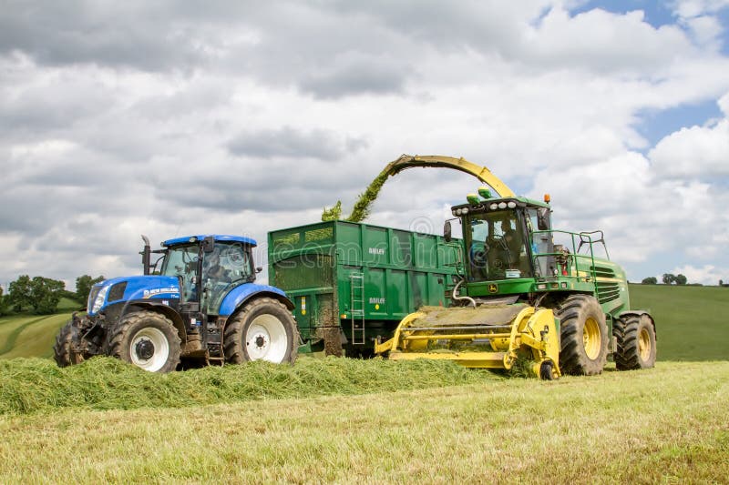 Maaimachine forager snijdend gebied, ladend Kuilvoeder in een Tractoraanhangwagen stock fotografie Maaimachine forager snijdend gebied, ladend Kuilvoeder in een Tractoraanhangwagen stock fotografie