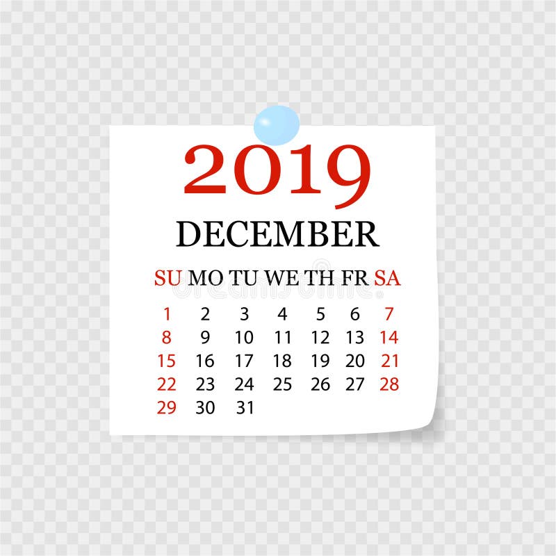 Maandelijkse kalender 2019 met paginakrul Afscheuringskalender voor December Witte achtergrond Vector illustratie