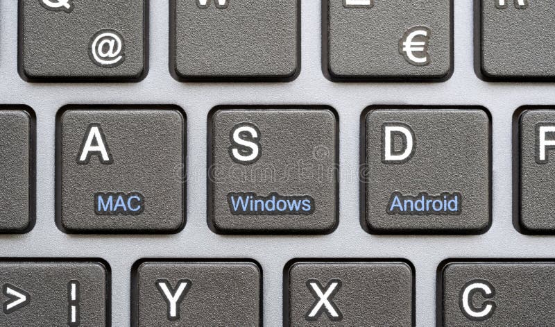MAC, Windows and Android operating systems concept, computer keyboard top view, nobody. Macintosh, Microsoft Windows, Android OS royalty free stock images
