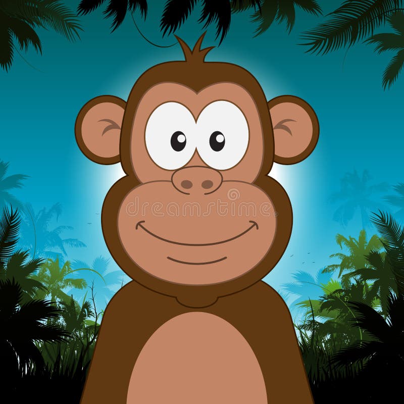 Macaco bonito dos desenhos animados na frente do fundo da selva ilustração royalty free Macaco bonito dos desenhos animados na frente do fundo da selva ilustração royalty free