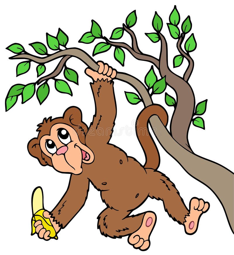 Macaco com banana na árvore ilustração royalty free