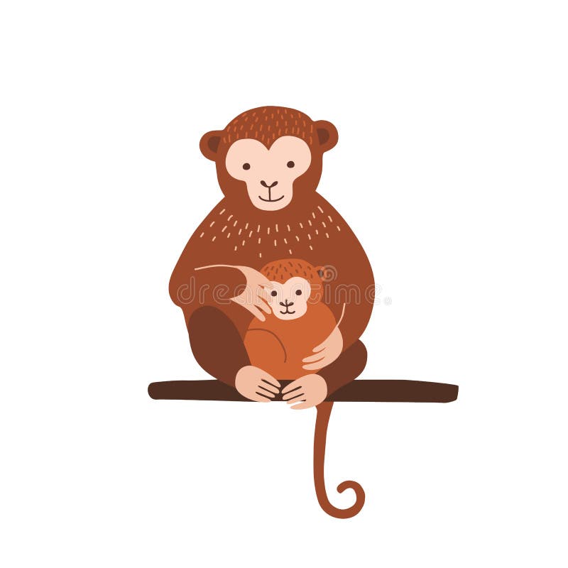 Macaco bebê marrom bonito sentado e sorrindo. personagem animal engraçado  infantil com rosto amigável e cauda curvada. ilustração em vetor plana  colorida dos desenhos animados isolada no fundo branco.