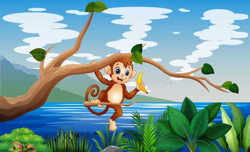 Macaco De Desenho Animado Pendurado E Conserva Banana No Galho De árvore  Ilustração do Vetor - Ilustração de planta, animal: 181581047