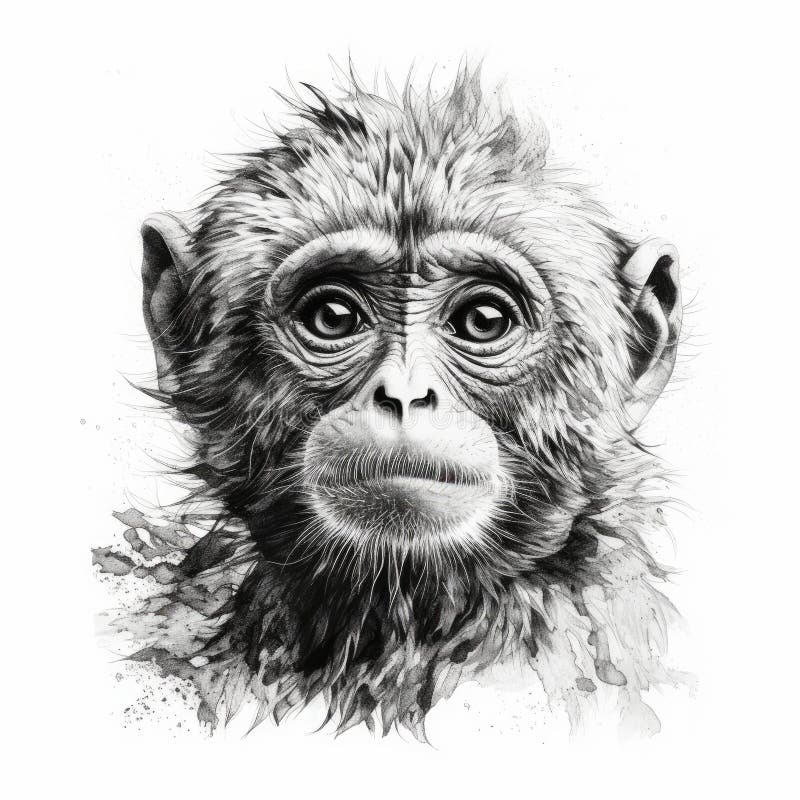 Macaco de desenho animado estilo blackwork impressionista realista sobre  fundo branco