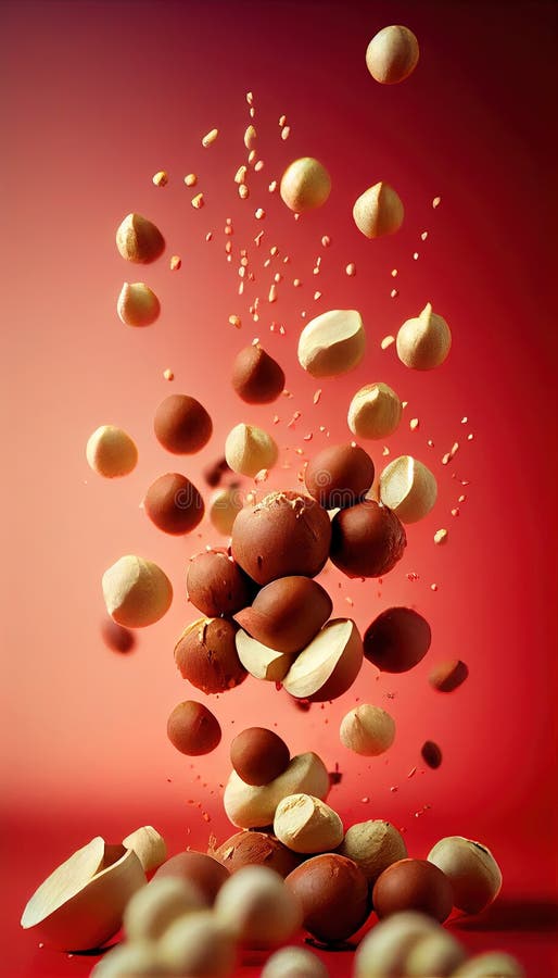 Macadamia Nuts Creatively Falling-Dripping Flying or Splashing on Red Background Generative AI vector illustration