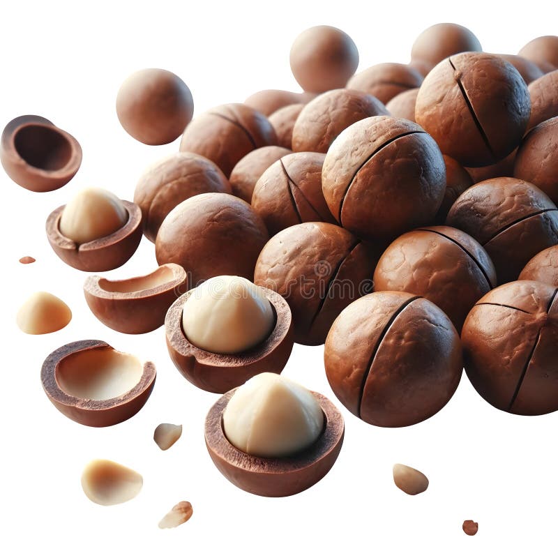 Macadamia nuts falling on transparent background, open and whole nuts vector illustration