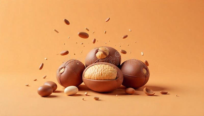 Macadamia nuts with pieces falling down on solid background royalty free illustration