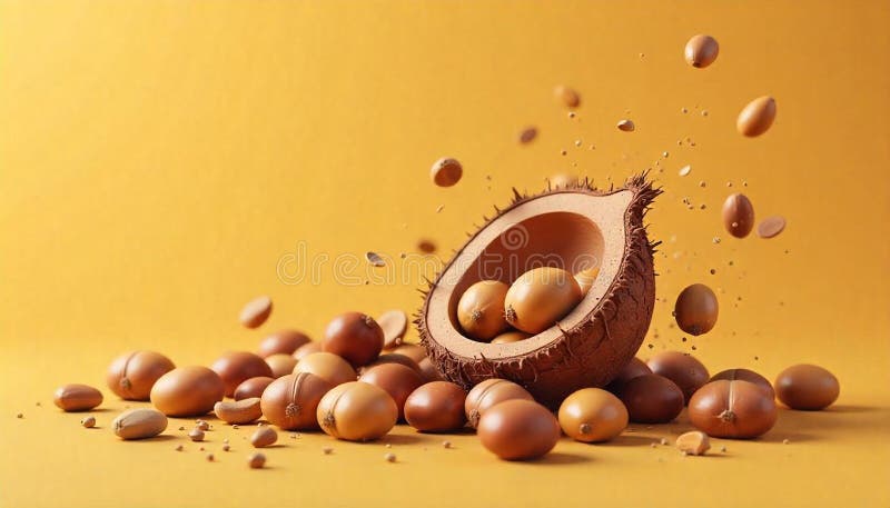 Macadamia nuts spilling from coconut shell on yellow background vector illustration