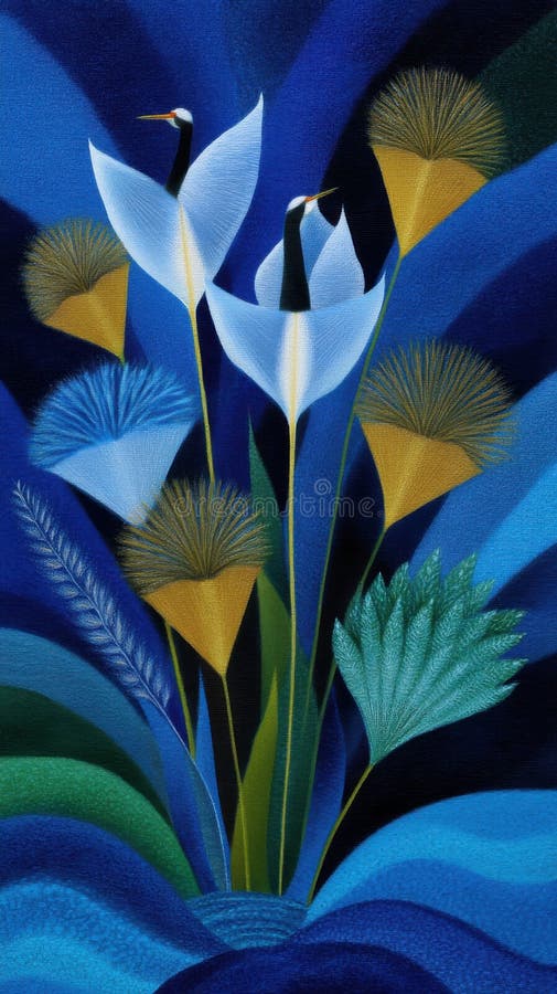 Macaralele stilizate printre frunzișurile și plantele abstracte pe un fundal albastru profund evocă o atmosferă senină și artistic stock image