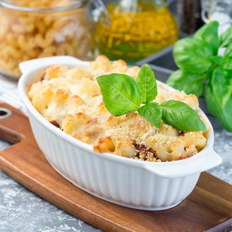 Macaroni Casserole with Ground Beef, Cheese and Tomato in Baking Dish