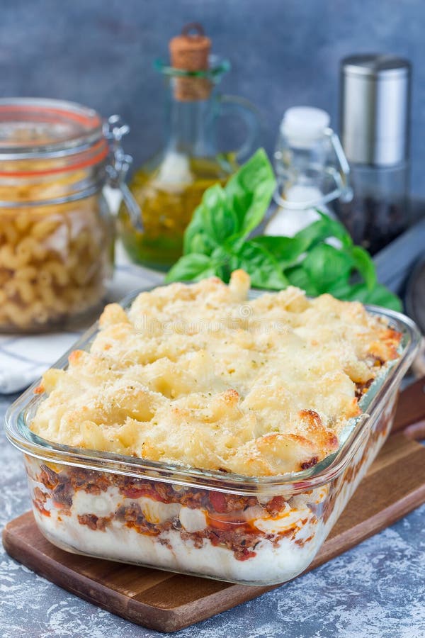 Macaroni Casserole with Ground Beef, Cheese and Tomato in a Glass