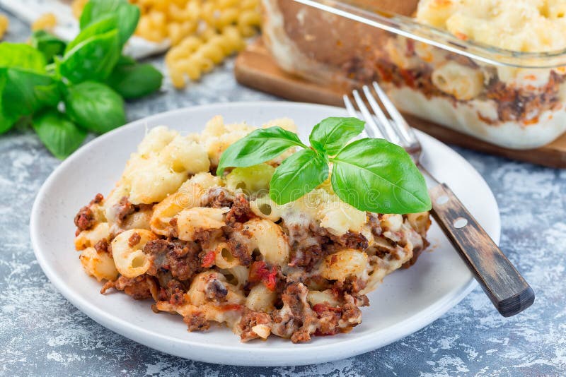 Macaroni Casserole with Ground Beef, Cheese and Tomato on a Plate