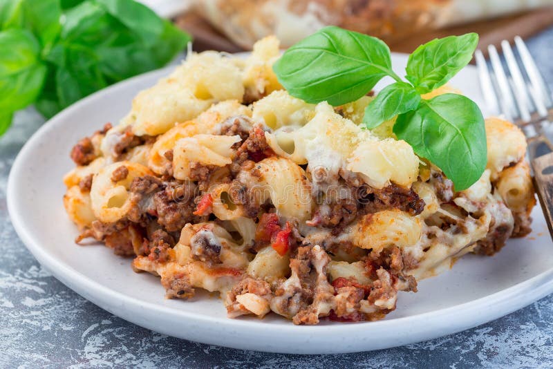 Macaroni Casserole with Ground Beef, Cheese and Tomato on Plate