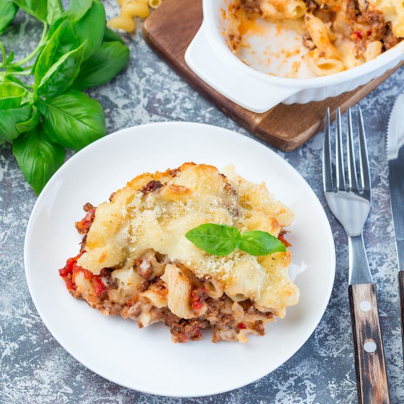 Macaroni Casserole with Ground Beef, Cheese and Tomato on Plate