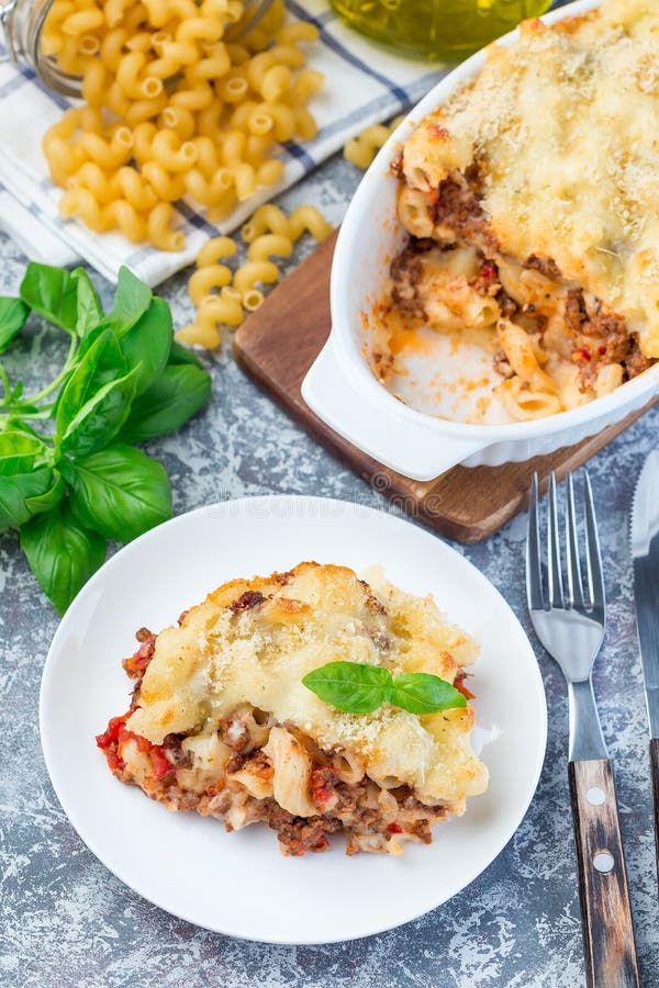 Macaroni Casserole with Ground Beef, Cheese and Tomato on White Plate