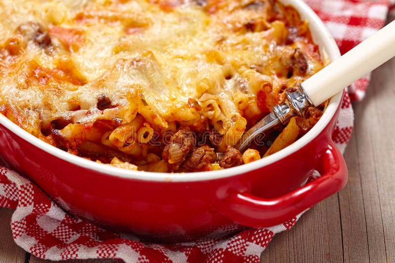 Macaroni Casserole with Ground Beef, Cheese and Tomato on Plate, Square