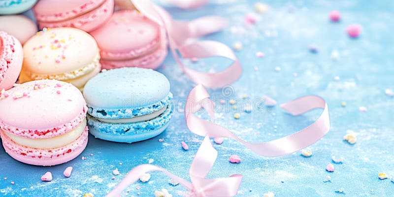 Macaroni di pastello deliziosi con nastro rosa sul dolce di fondo blu Dessert illustrazione vettoriale