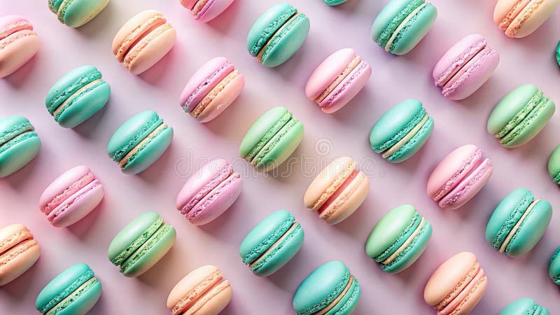Macaroni pastelcolati disposti in modo ripetuto su uno sfondo rosa che presenta deliziosi pasticcini francesi. Generative AI illustrazione vettoriale