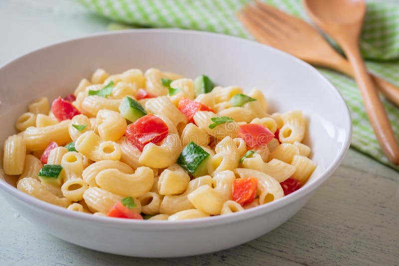 Macaroni Salad with Elbow Pasta and Vegetables in Bowl Stock Photo Image of american, diet