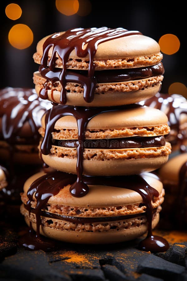 Macarons au chocolat irrésistible pile de friandises brunes délicates. images stock