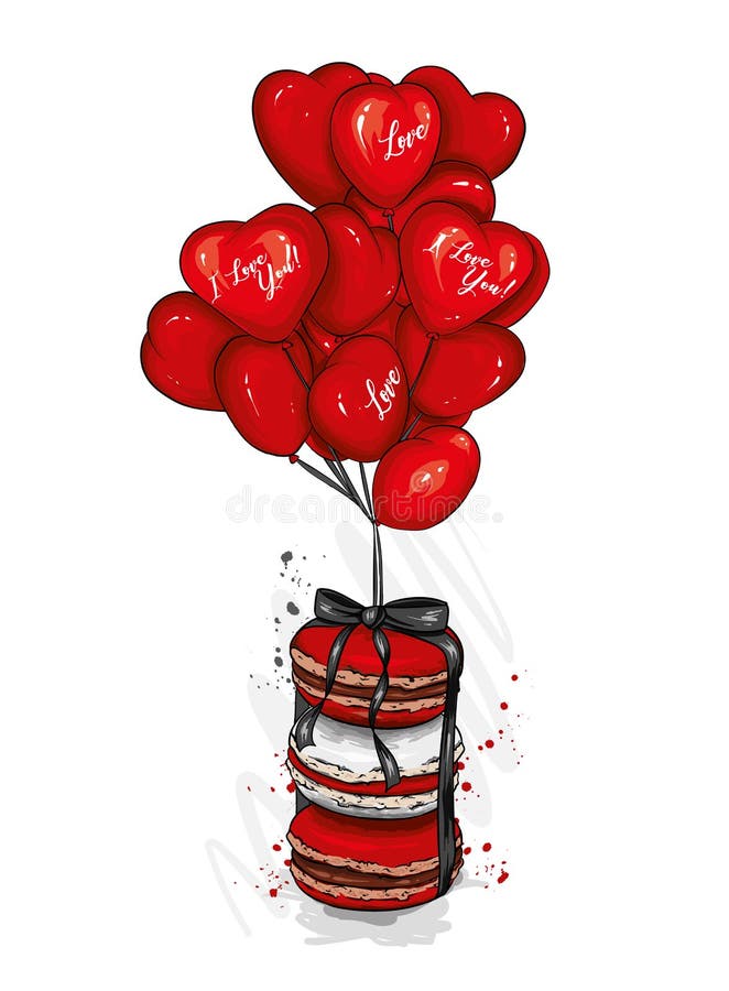 Macarons with heart-shaped balloons. Dessert. Vector illustration for greeting card or poster. Love, friendship, Valentine`s Day.