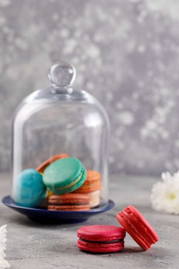 Macarons multicolores sous un dôme en verre sur un fond gris et deux macarons roses dans le premier plan Macarons sensibles de ma image stock Macarons multicolores sous un dôme en verre sur un fond gris et deux macarons roses dans le premier plan Macarons sensibles de ma image stock