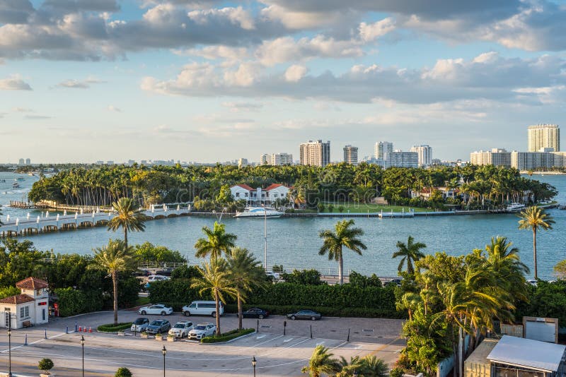 Miami, FL, United States - April 20, 2019:  View of MacArthur Causeway and the Star Island from the cruise ship at Biscayne Bay in Miami, Florida, United States of America. Miami, FL, United States - April 20, 2019:  View of MacArthur Causeway and the Star Island from the cruise ship at Biscayne Bay in Miami, Florida, United States of America