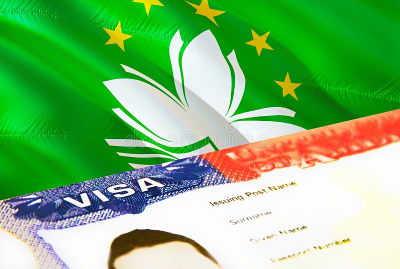 Macau immigration document close up. Passport visa on Macau flag. Macau visitor visa in passport,3D rendering. Macau multi vector illustration