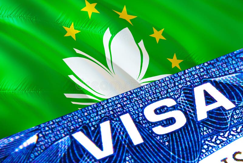 Macau visa document close up. Passport visa on Macau flag. Macau visitor visa in passport,3D rendering. Macau multi entrance in vector illustration