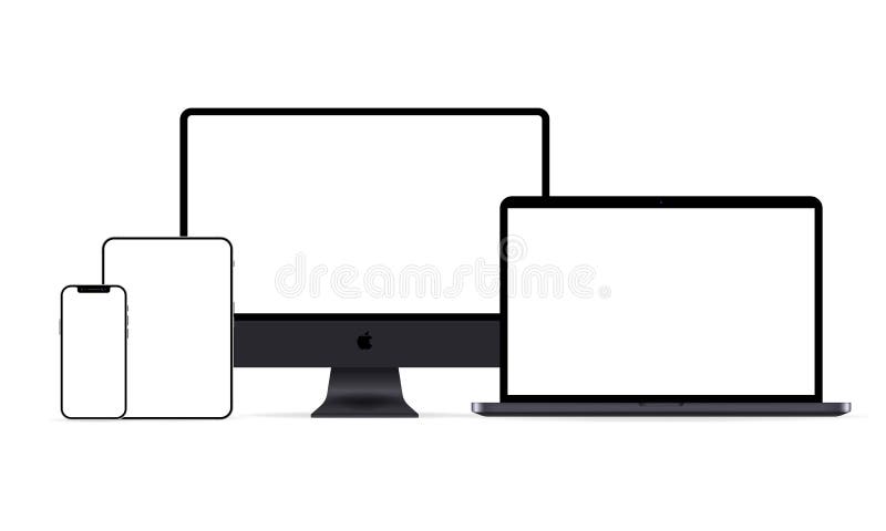 Macbook mac affichage ipad et iphone icône. interface utilisateur neutre ux blanc bouton web. neumorphisme. kiev ukraine avril