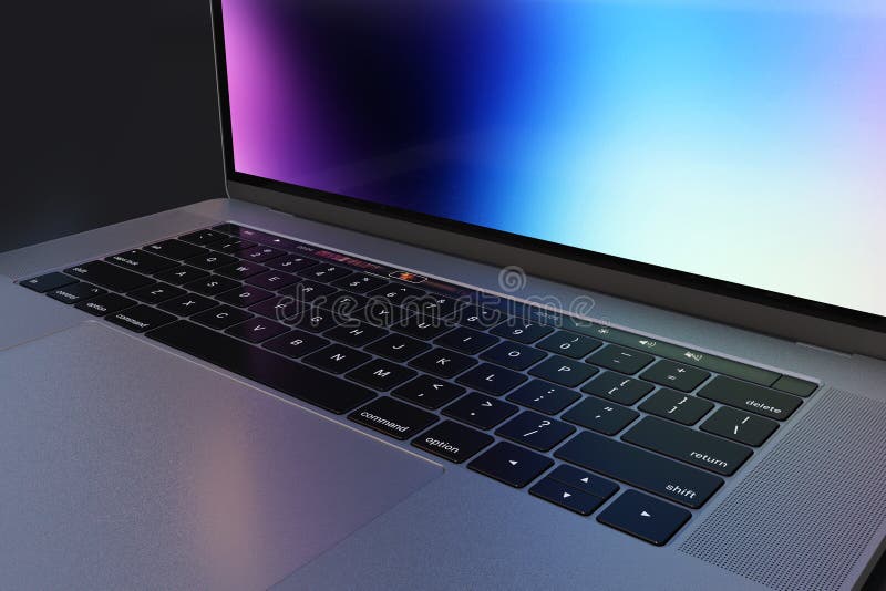 Laptop computer, design similar to MacBook Pro 15 inch, 2018, Space Grey. Dark scene, glowing screen light reflecting on keyboard. Minimalist composition. Close-up detailed perspective view. Very high resolution for large print ads. Laptop computer, design similar to MacBook Pro 15 inch, 2018, Space Grey. Dark scene, glowing screen light reflecting on keyboard. Minimalist composition. Close-up detailed perspective view. Very high resolution for large print ads.