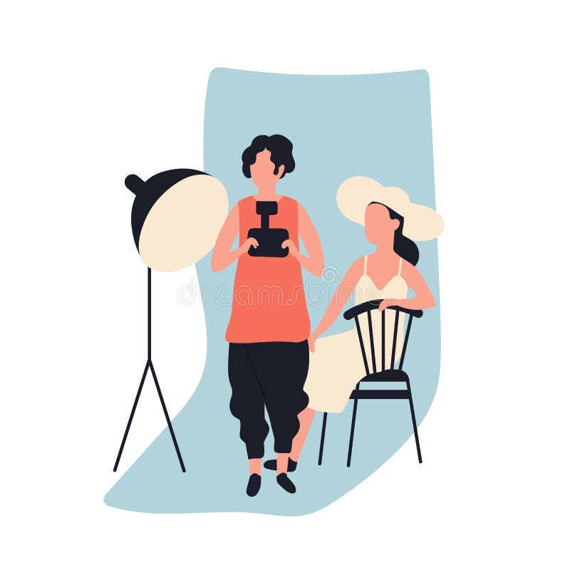 Macchina fotografica e modello femminili professionali della foto della tenuta del fotografo allo studio fotografico in pieno del royalty illustrazione gratis Macchina fotografica e modello femminili professionali della foto della tenuta del fotografo allo studio fotografico in pieno del royalty illustrazione gratis