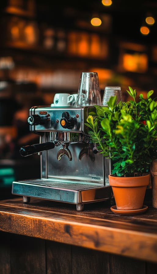 Macchina Vintage Espresso Impianto verde su fondo sfuocato per controluce del calore del bar Rustic Cafe illustrazione vettoriale