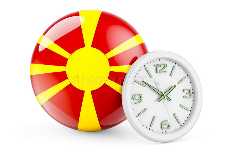 Macedonian Flag with Clock. Time in Macedonia, 3D Rendering Stock
