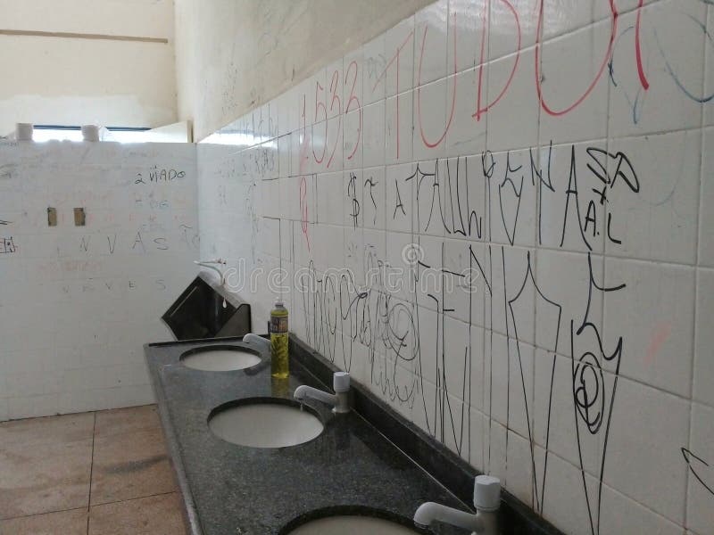 MaceiÃ³, Brazil -  01 september 2019: Public school bathroom in Brazil with vandalism