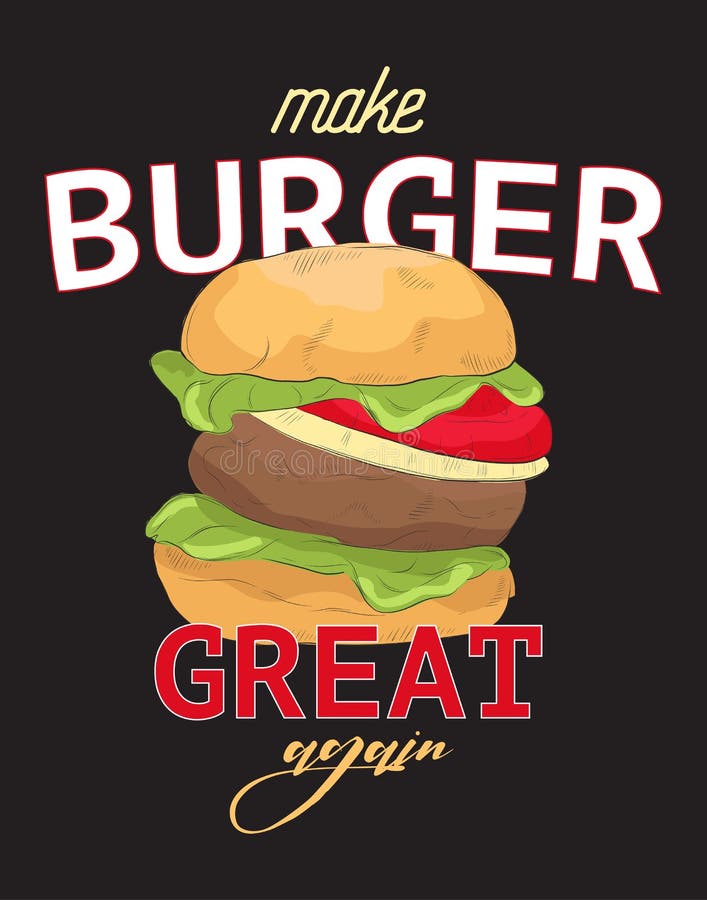 Machen Sie Burger großes wieder lustiges Zitat Typografieslogan mit Handgezogenem Sandwich Lustiger T-Stück Druck, Aufkleber, Kar stock abbildung