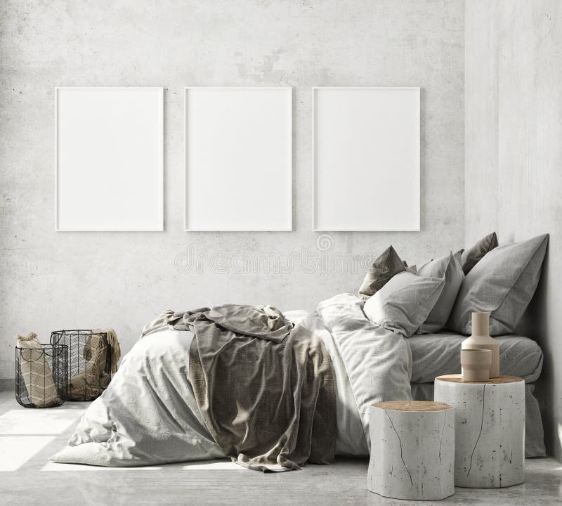Machetă cadru poster în fundal interior modern dormitor scandinav stil 3d redare stock illustration
