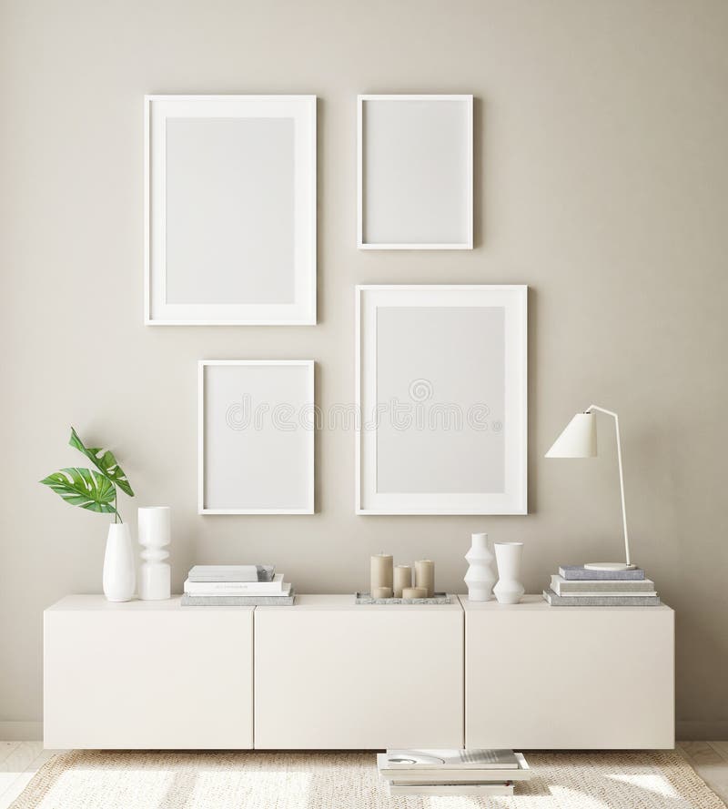 Machetă cadru poster în fundal interior modern living room scandinavian style 3d redare stock illustration