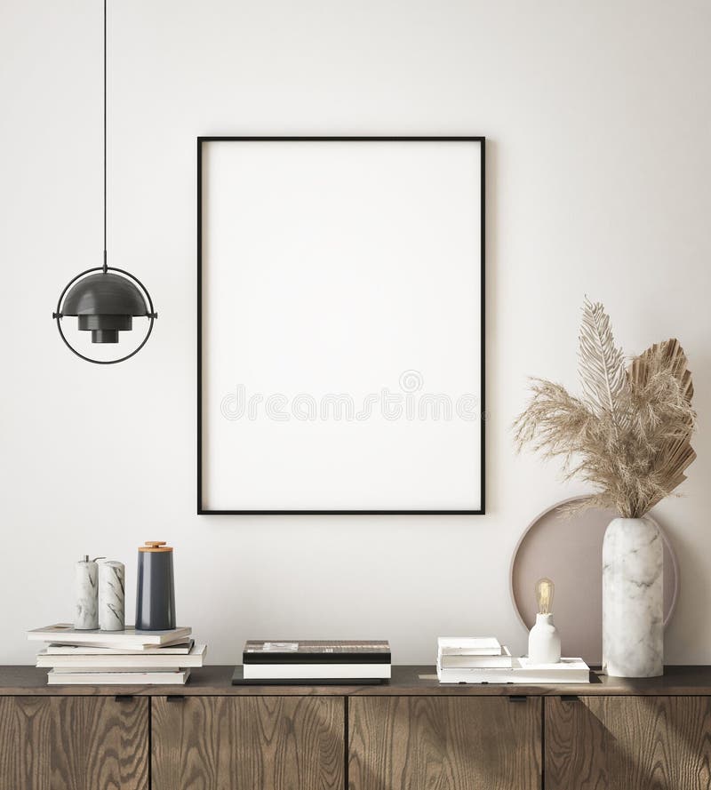Machetă cadru poster în fundal interior modern living room scandinavian style 3d redare royalty free illustration