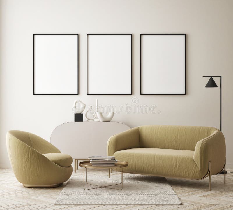 Machetă cadru poster în fundal interior modern living room scandinavian style 3d redare 3d ilustrație royalty free illustration