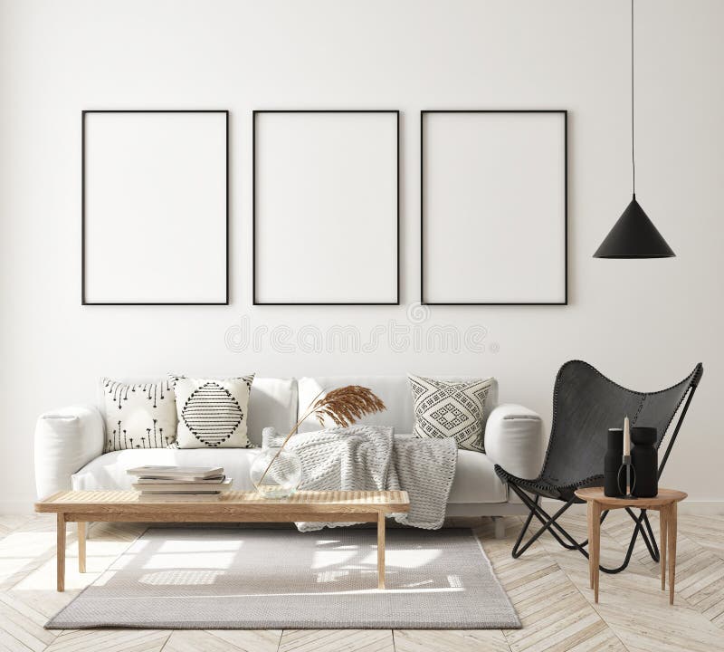 Machetă cadru poster în fundal interior modern în spațiu scandinaviar stil 3d redare royalty free illustration