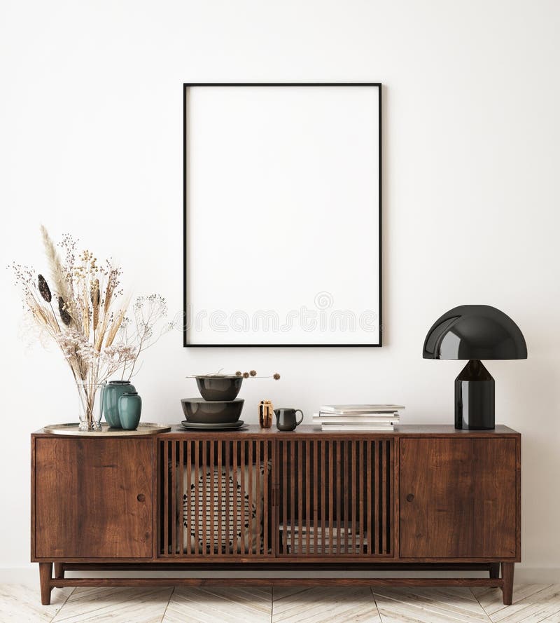 Machetă cadru poster în fundal interior modern în spațiu scandinaviar stil 3d redare vector illustration