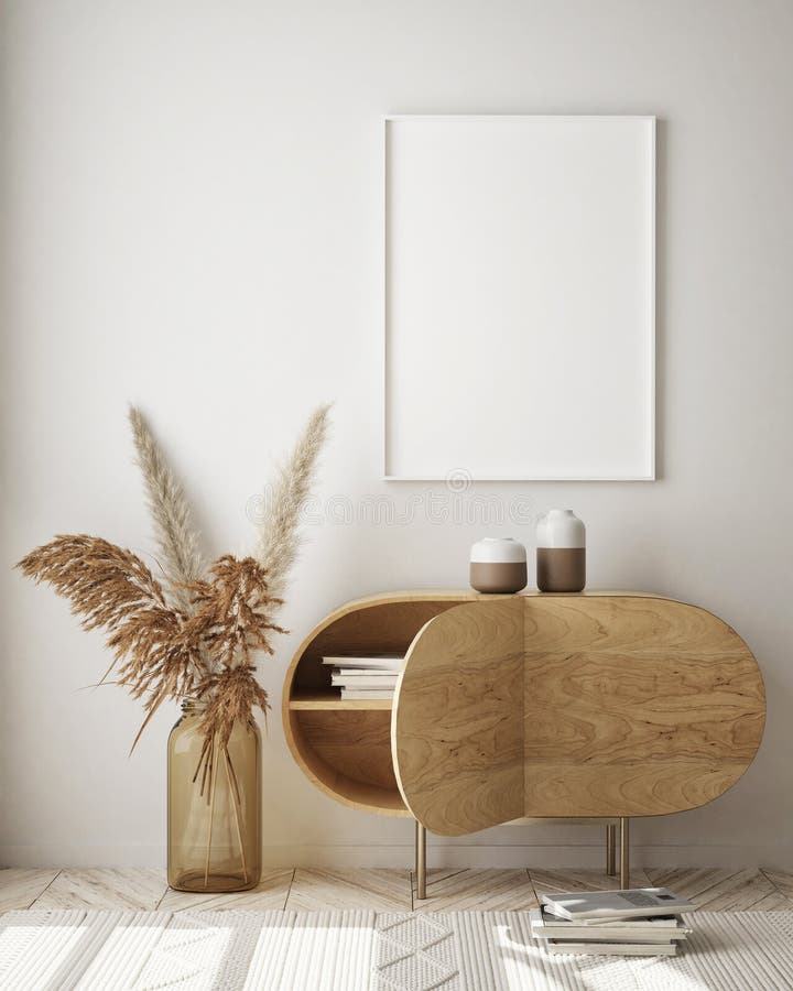 Machetă cadru poster în fundal interior modern în spațiu scandinaviar stil 3d redare stock illustration