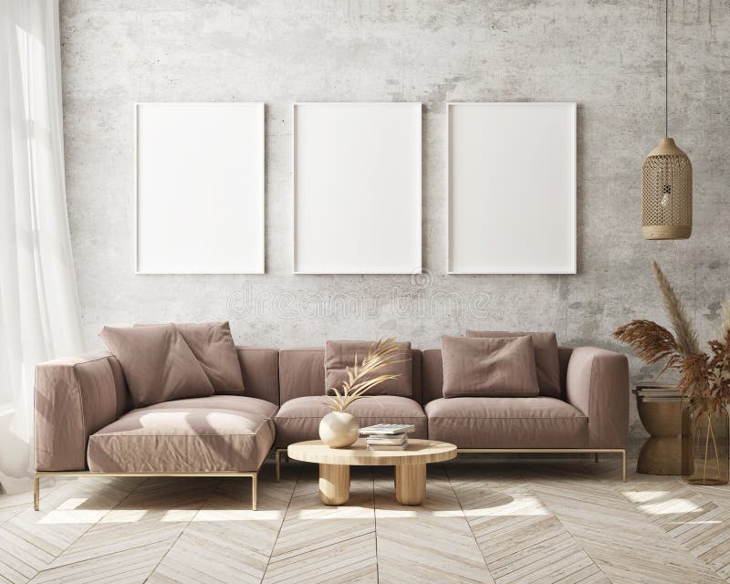 Machetă cadru poster în fundal interior modern în spațiu scandinaviar stil 3d redare royalty free illustration