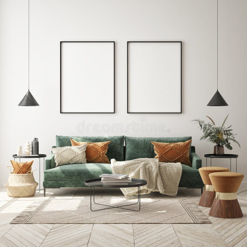 Machetă cadru poster în fundal interior modern în spațiu scandinaviar stil 3d redare royalty free illustration