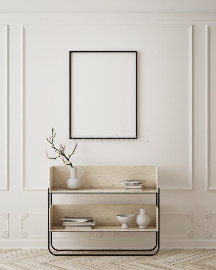 Machetă cadru poster în fundal interior modern în spațiu scandinaviar stil 3d redare vector illustration