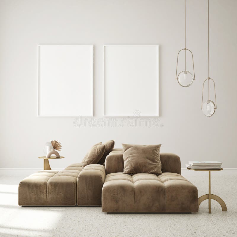 Machetă cadru poster în fundal interior modern, în stil deco 3d de redare în camera de zi 3d royalty free illustration